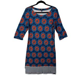Hatley Boho Blue Orange Floral Shift Dress 3 4 Sleeve Stripe Hem Summer Size L
